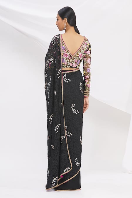 Shop_Rajat & Shraddha_Black Georgette Pre-draped Embroidered Saree  _at_Aza_Fashions