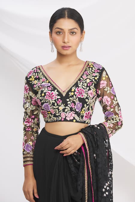 Shop_Rajat & Shraddha_Black Georgette Pre-draped Embroidered Saree  _Online_at_Aza_Fashions