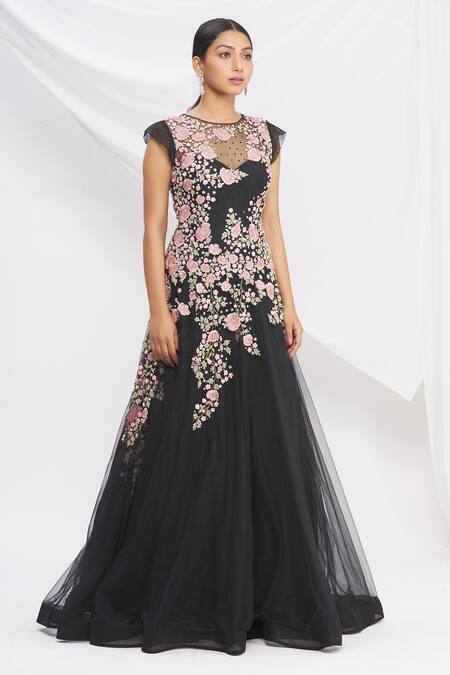 Rajat & Shraddha_Black Net Floral Embroidered Flared Gown _Online_at_Aza_Fashions