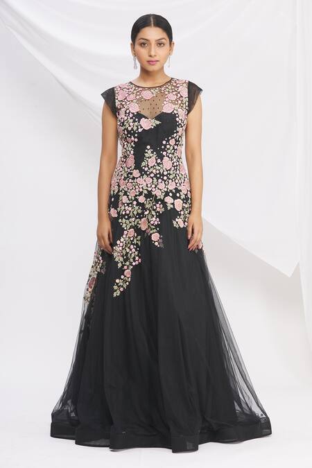 Shop_Rajat & Shraddha_Black Net Floral Embroidered Flared Gown _Online_at_Aza_Fashions