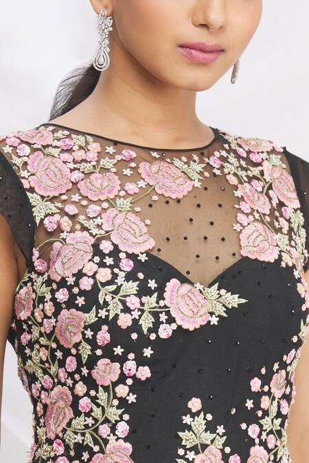 Rajat & Shraddha_Black Net Floral Embroidered Flared Gown _at_Aza_Fashions