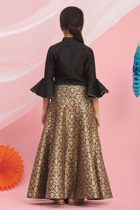 Shop Petite Pomme Black Silk, Brocade Embroidery, Fringe Floral Motif Lehenga Set at Aza Fashions Shop_Petite Pomme_Black Silk, Brocade Embroidery, Fringe Floral Motif Lehenga Set _at_Aza_Fashions