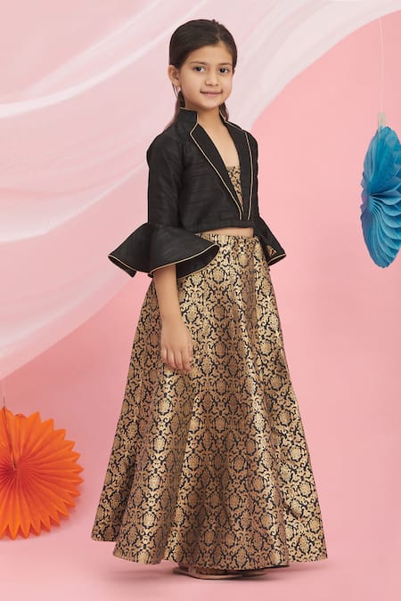 Petite Pomme Black Silk, Brocade Embroidery, Fringe Floral Motif Lehenga Set Online at Aza Fashions Petite Pomme_Black Silk, Brocade Embroidery, Fringe Floral Motif Lehenga Set _Online_at_Aza_Fashions