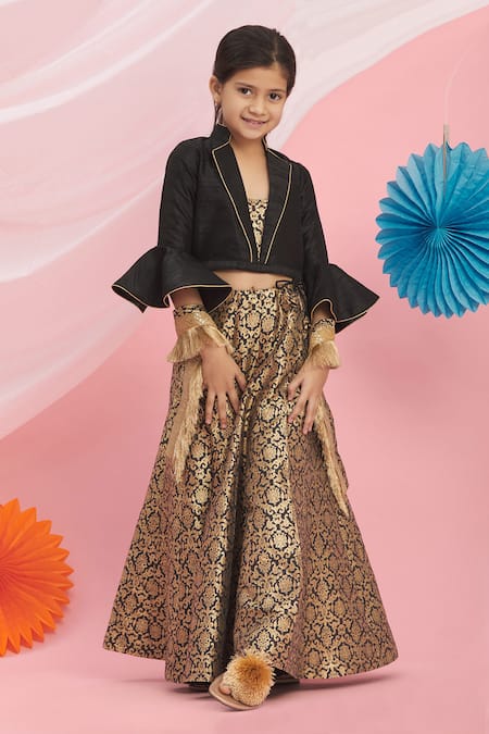 Buy Petite Pomme Black Silk, Brocade Embroidery, Fringe Floral Motif Lehenga Set Online at Aza Fashions Buy_Petite Pomme_Black Silk, Brocade Embroidery, Fringe Floral Motif Lehenga Set _Online_at_Aza_Fashions