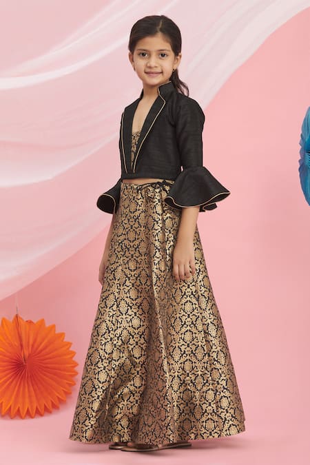 Shop Petite Pomme Black Silk, Brocade Embroidery, Fringe Floral Motif Lehenga Set Online at Aza Fashions Shop_Petite Pomme_Black Silk, Brocade Embroidery, Fringe Floral Motif Lehenga Set _Online_at_Aza_Fashions