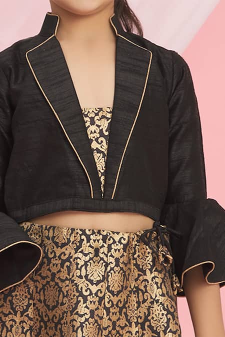 Petite Pomme Black Silk, Brocade Embroidery, Fringe Floral Motif Lehenga Set at Aza Fashions Petite Pomme_Black Silk, Brocade Embroidery, Fringe Floral Motif Lehenga Set _at_Aza_Fashions