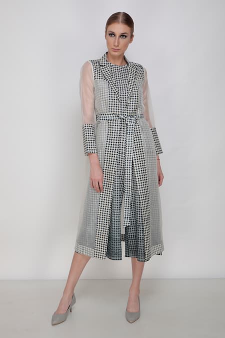 Arcvsh By Pallavi Singh_Blue Organza, Handwoven Noil Silk Printed Jumpsuit With Jacket _Online_at_Aza_Fashions