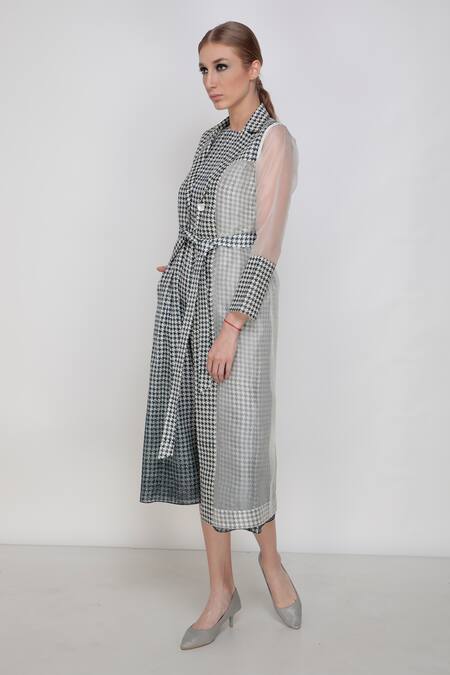 Shop_Arcvsh By Pallavi Singh_Blue Organza, Handwoven Noil Silk Printed Jumpsuit With Jacket _Online_at_Aza_Fashions