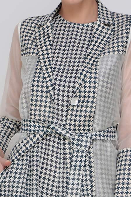 Arcvsh By Pallavi Singh_Blue Organza, Handwoven Noil Silk Printed Jumpsuit With Jacket _at_Aza_Fashions