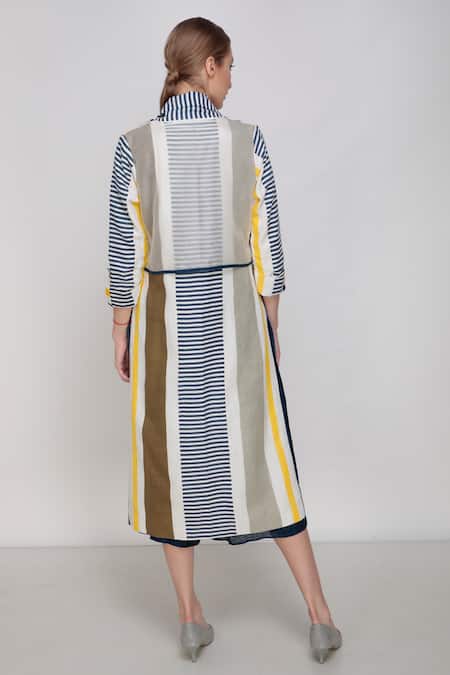 Shop_Arcvsh By Pallavi Singh_Multi Color Handwoven Noil Silk Hand Painted Jacket And Culottes Set _at_Aza_Fashions