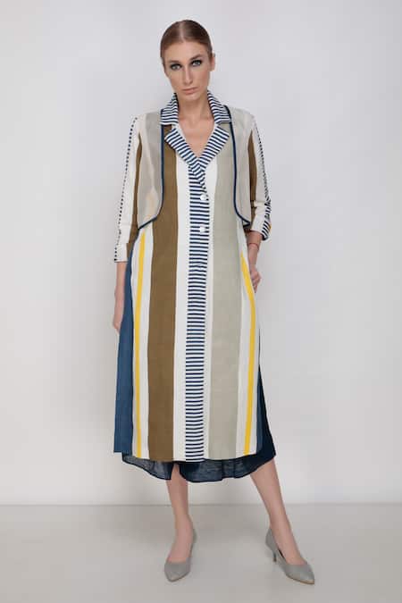 Buy_Arcvsh By Pallavi Singh_Multi Color Handwoven Noil Silk Hand Painted Jacket And Culottes Set _Online_at_Aza_Fashions