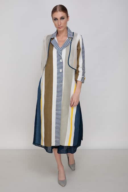 Shop_Arcvsh By Pallavi Singh_Multi Color Handwoven Noil Silk Hand Painted Jacket And Culottes Set _Online_at_Aza_Fashions