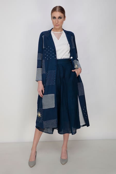 Arcvsh By Pallavi Singh_Blue Handwoven Noil Silk Printed Jacket_Online_at_Aza_Fashions