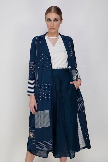 Arcvsh By Pallavi Singh_Blue Handwoven Noil Silk Printed Jacket And Culottes Set_Online_at_Aza_Fashions