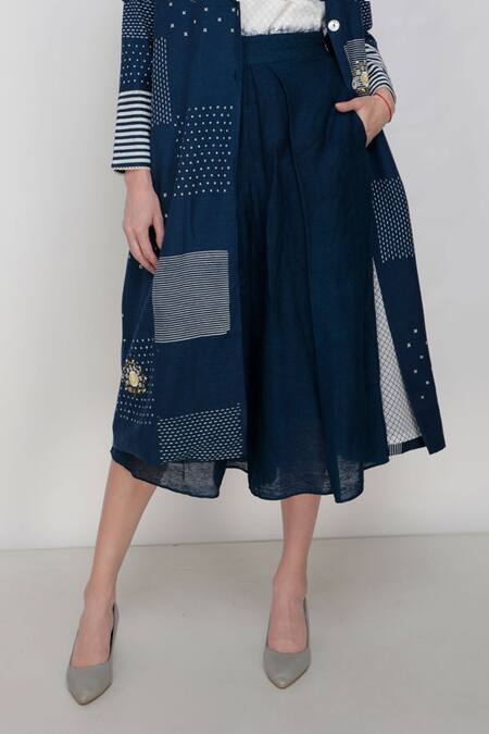 Shop_Arcvsh By Pallavi Singh_Blue Handwoven Noil Silk Printed Jacket And Culottes Set_Online_at_Aza_Fashions