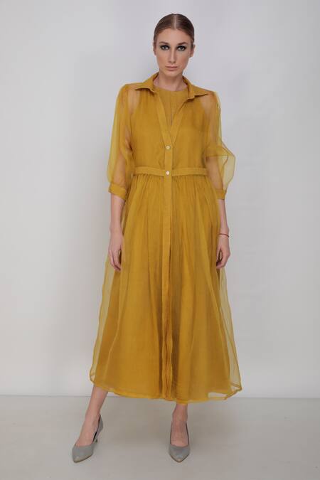 Buy_Arcvsh By Pallavi Singh_Yellow Linen, Silk Organza Jumpsuit With Dress_Online_at_Aza_Fashions