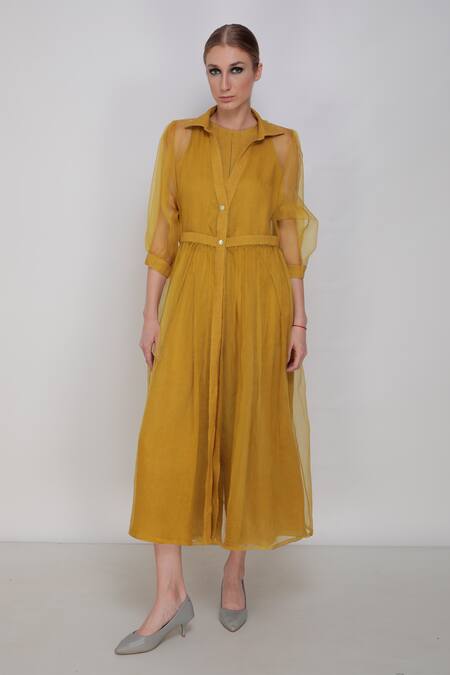 Shop_Arcvsh By Pallavi Singh_Yellow Linen, Silk Organza Jumpsuit With Dress_Online_at_Aza_Fashions