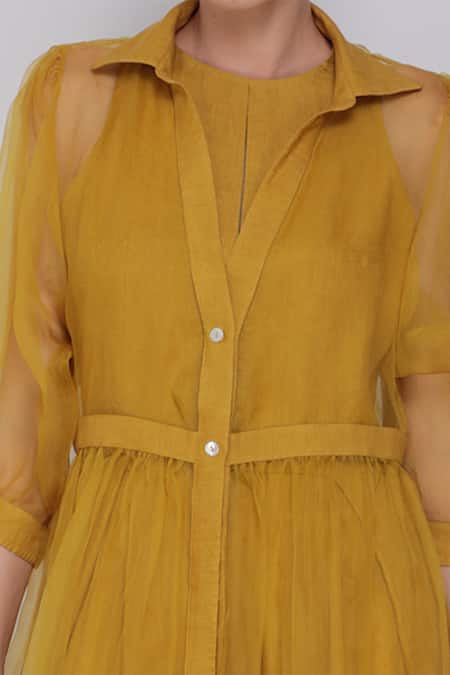 Arcvsh By Pallavi Singh_Yellow Linen, Silk Organza Jumpsuit With Dress_at_Aza_Fashions
