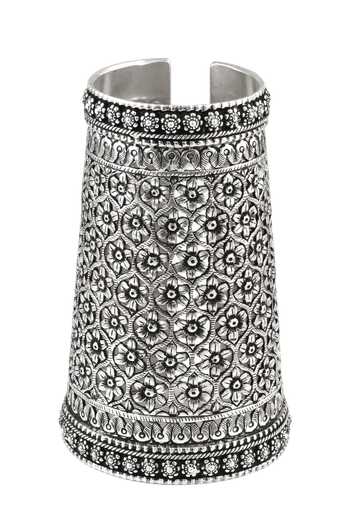 Shop_Sangeeta Boochra_Silver Plated Handmade Floral Carved Cuff Bangle _Online_at_Aza_Fashions