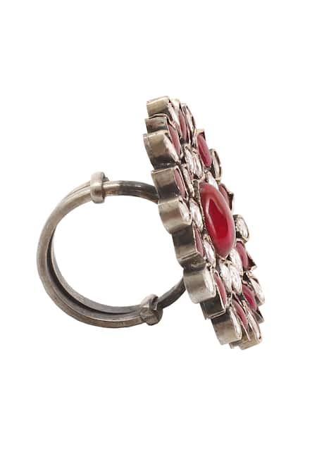 Sangeeta Boochra_Silver Plated Rhinestones Handmade Kundan Floral Ring _Online_at_Aza_Fashions