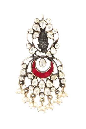 Shop_Sangeeta Boochra_Silver Plated Stones, Beads Kundan Crescent Moon Danglers _Online_at_Aza_Fashions