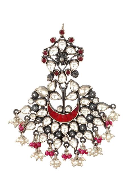 Shop_Sangeeta Boochra_Silver Plated Stones, Beads, Rhinestones Handmade Kundan Danglers _Online_at_Aza_Fashions