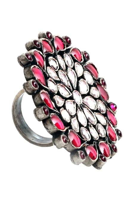 Sangeeta Boochra_Silver Plated Handmade Kundan Floral Ring _Online_at_Aza_Fashions