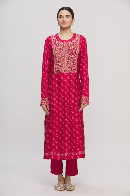 Shyam Narayan Prasad_Red Round Floral Print Kurta Set _Online_at_Aza_Fashions