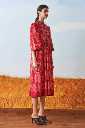 Ikai By Ragini Ahuja_Red Cotton Shibori Gathered Dress_Online_at_Aza_Fashions
