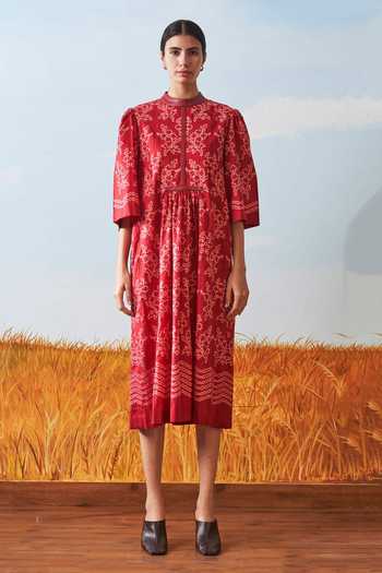Buy_Ikai By Ragini Ahuja_Red Cotton Shibori Gathered Dress_Online_at_Aza_Fashions
