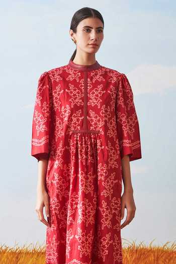 Shop_Ikai By Ragini Ahuja_Red Cotton Shibori Gathered Dress_Online_at_Aza_Fashions