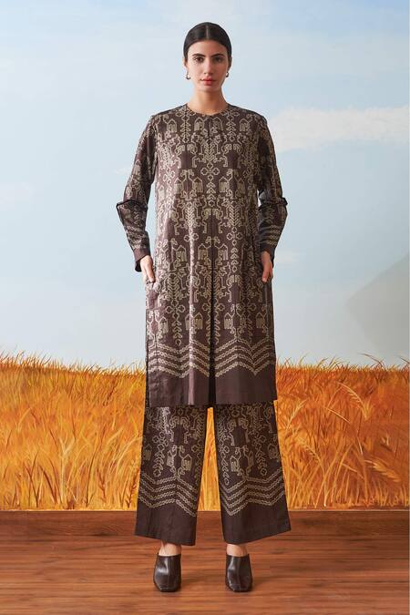 Buy_Ikai By Ragini Ahuja_Brown Cotton Shibori Pleated Kurta_Online_at_Aza_Fashions