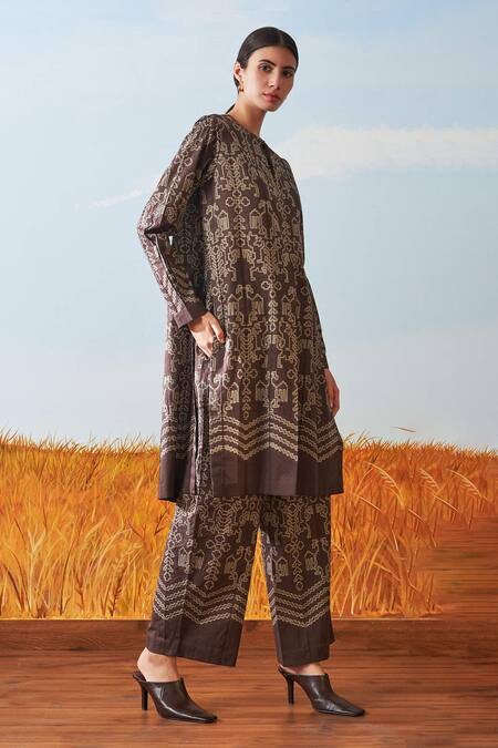 Shop_Ikai By Ragini Ahuja_Brown Cotton Shibori Pleated Kurta_Online_at_Aza_Fashions