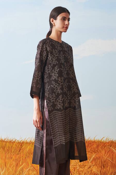 Shop_Ikai By Ragini Ahuja_Brown Cotton Silk Chanderi Shibori Pleated Kurta_Online_at_Aza_Fashions
