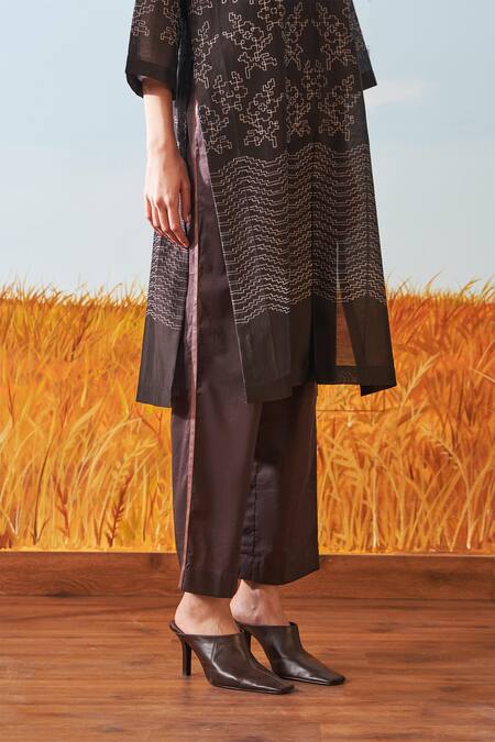 Ikai By Ragini Ahuja_Brown Cotton Silk Chanderi Shibori Pleated Kurta_at_Aza_Fashions