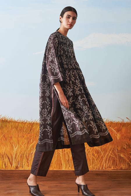 Shop Ikai By Ragini Ahuja Brown Cotton Silk Chanderi Pleated Kurta And Pant Set at Aza Fashions Shop_Ikai By Ragini Ahuja_Brown Cotton Silk Chanderi Pleated Kurta And Pant Set_at_Aza_Fashions