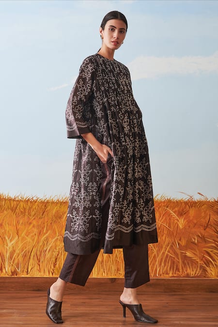 Ikai By Ragini Ahuja Brown Cotton Silk Chanderi Pleated Kurta And Pant Set Online at Aza Fashions Ikai By Ragini Ahuja_Brown Cotton Silk Chanderi Pleated Kurta And Pant Set_Online_at_Aza_Fashions