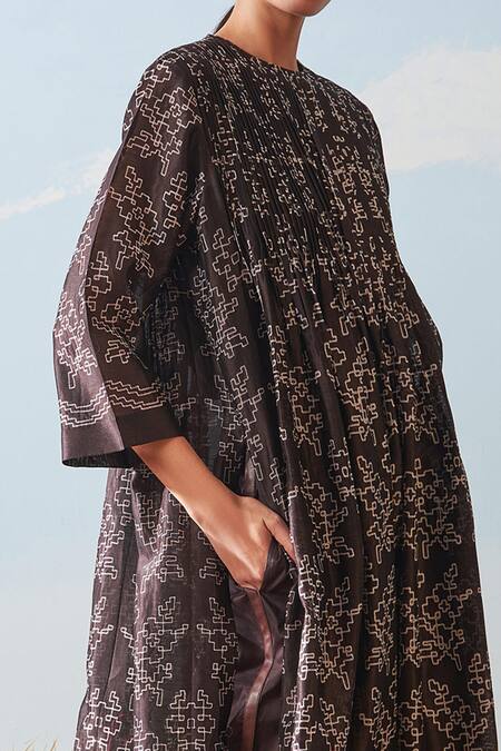 Ikai By Ragini Ahuja Brown Cotton Silk Chanderi Pleated Kurta And Pant Set at Aza Fashions Ikai By Ragini Ahuja_Brown Cotton Silk Chanderi Pleated Kurta And Pant Set_at_Aza_Fashions