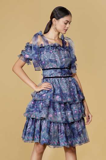 Buy Grey Organza Square Neck Cold Shoulder Layered Dress For Women by  Siddhartha Bansal Online at Aza Fashions.