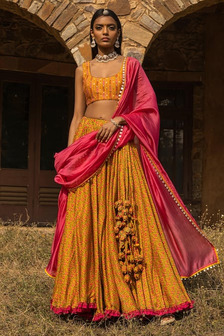 Buy Geroo Jaipur Yellow Zari Work Lehenga Choli Set with Dupatta for Women  Online @ Tata CLiQ