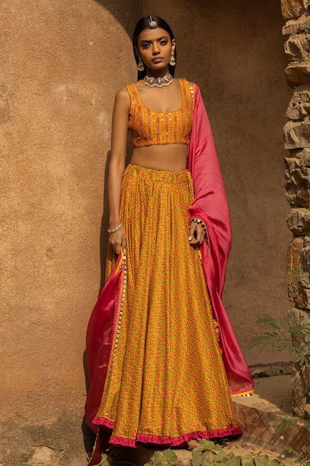 Punit Balana Yellow Silk Chanderi Dupatta Organza Printed Lehenga Set Online at Aza Fashions Punit Balana_Yellow Silk Chanderi Dupatta Organza Printed Lehenga Set _Online_at_Aza_Fashions