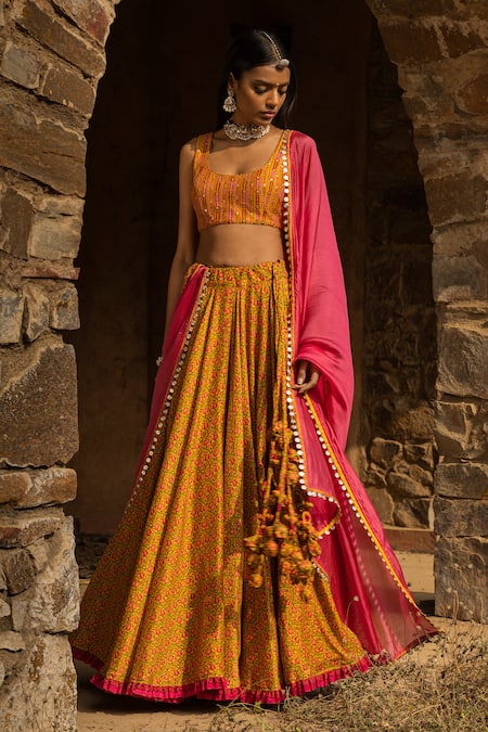 Buy Punit Balana Yellow Silk Chanderi Dupatta Organza Printed Lehenga Set Online at Aza Fashions Buy_Punit Balana_Yellow Silk Chanderi Dupatta Organza Printed Lehenga Set _Online_at_Aza_Fashions