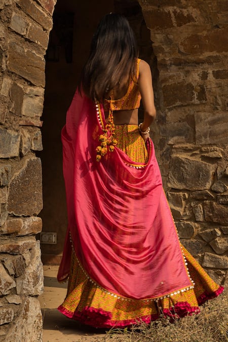 Shop Punit Balana Yellow Silk Chanderi Dupatta Organza Printed Lehenga Set Online at Aza Fashions Shop_Punit Balana_Yellow Silk Chanderi Dupatta Organza Printed Lehenga Set _Online_at_Aza_Fashions
