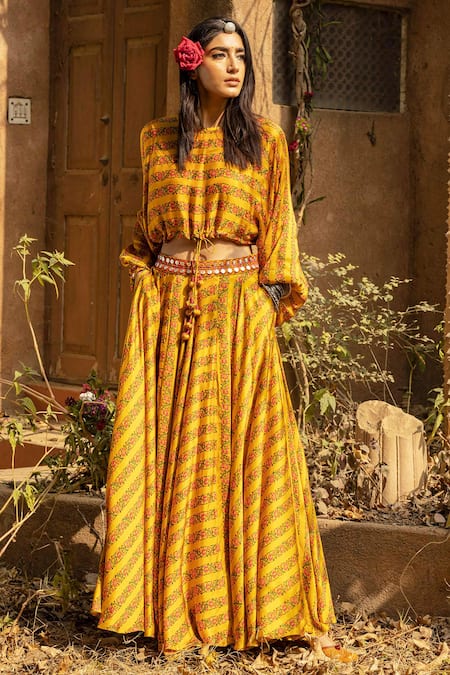 PUNIT BALANA Yellow Satin Silk Printed Crop Top And Skirt Set 