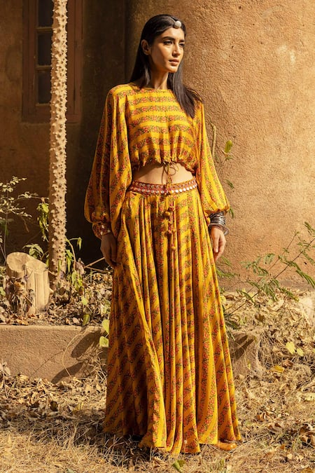 Punit Balana Satin Silk Printed Crop Top & Skirt Set 