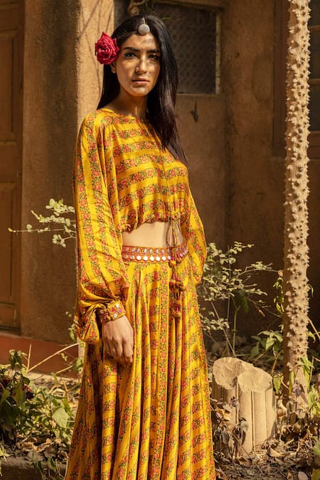 Punit Balana_Yellow Satin Silk Printed Crop Top And Skirt Set _Online_at_Aza_Fashions