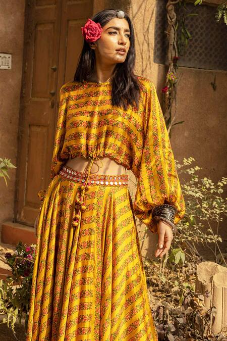 Buy_Punit Balana_Yellow Satin Silk Printed Crop Top And Skirt Set _Online_at_Aza_Fashions