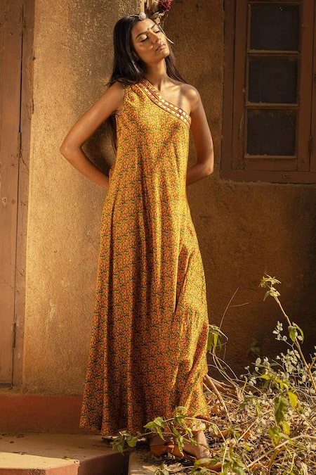 Punit Balana_Yellow Satin Silk One Shoulder Gown _Online_at_Aza_Fashions