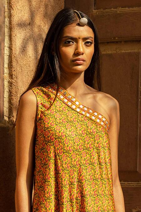 Buy_Punit Balana_Yellow Satin Silk One Shoulder Gown _Online_at_Aza_Fashions