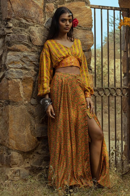 Punit Balana Satin Silk Printed Crop Top & Skirt Set 